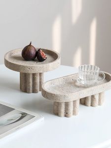 Luxe marmeren dienblad met poten, decoratieve travertin schotel voor salontafel decor, stenen wastafelblad voor parfumkaarsen 240125