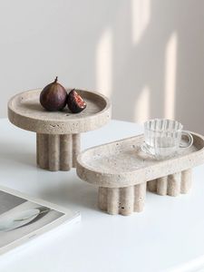 Bandeja para servir de mármol de lujo con patas, plato decorativo de travertino para decoración de mesa de centro, bandeja de tocador de piedra para velas perfumadas 240125