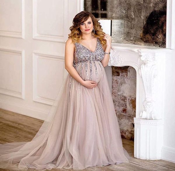 Luxury Maternity PO Shoot Robes Empire Vaon V Neck Femmes enceintes Femmes Formelles de soirée Robes de tulle Crystal Prom6390765