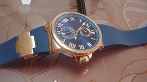 Mécanique de luxe 45mm chronomètre marin cadran bleu lunette en or rose 18 carats bracelet en caoutchouc automatique mode montres pour hommes montres-bracelets