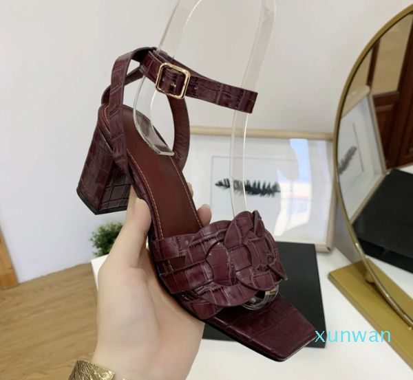 Sandale de luxe à talon moyen épais, chaussure de mesure à talon haut en cuir de vache pour femmes, talon plat de 6.5cm, série grain de pierre