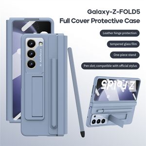 Luxe Membraan Scharnier Vogue Telefoonhoesje voor Samsung Galaxy Folding Z Fold5 5G Business Volledige beschermende gehard film Lederen Stylus Fold Shell met pensleufhouder