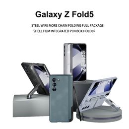 Luxe Membraan Lederen Scharnierende Telefoonhoes voor Samsung Galaxy Opvouwbare Z Fold5 5G Onzichtbare Beugel Volledige Beschermende Gehard Film Standaard Vouw Shell met Pensleuf
