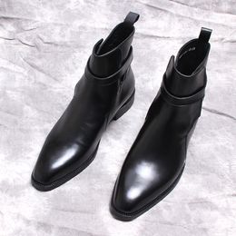 Bottines de luxe pour hommes, chaussures en cuir véritable de haute qualité, bottes habillées à enfiler avec sangle à boucle, noir et marron, chaussures décontractées