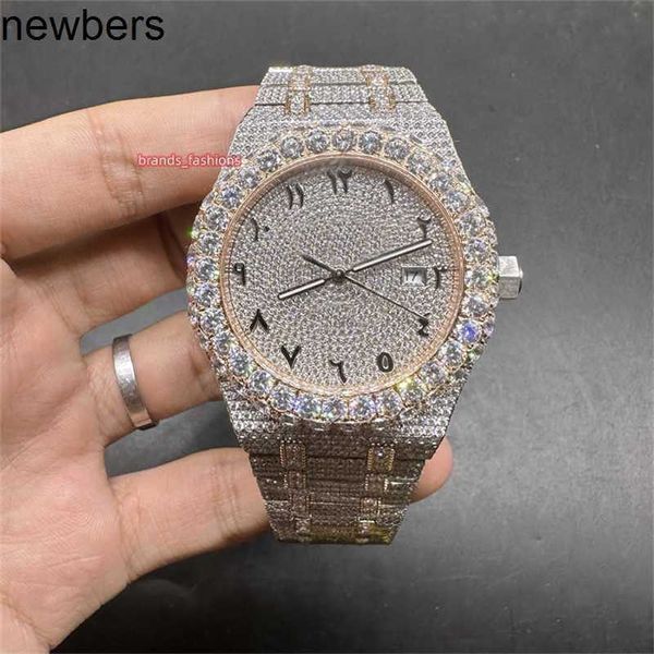 Montre de luxe pour hommes Ap Diamond Diamonds Pass Test Mouvement à quartz VVS Iced Out Sapphire Diamond Watch 2 tons Or rose Chiffres Biger Diamond Bezel 8215 Automat