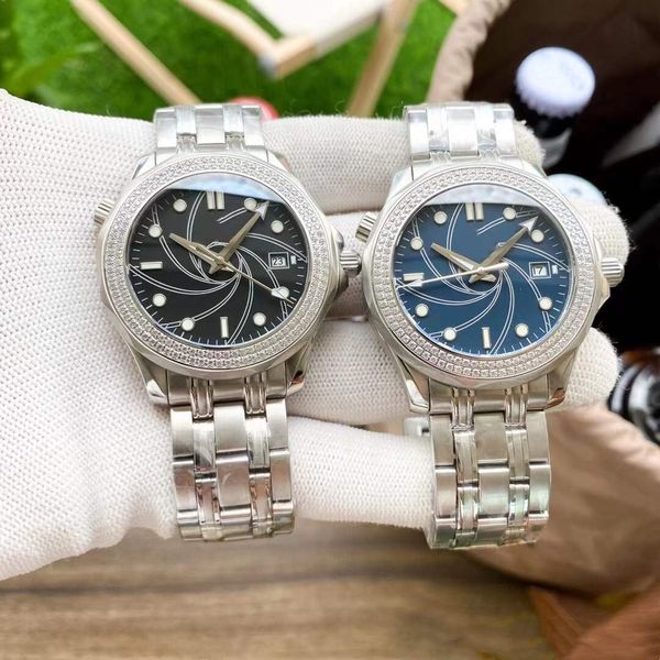 Luxe Hommes Automatique Mécanique Sport Montre Double Rangée Diamant Lunette Mâle Géométrique Spirale Calendrier Montres Étanche En Acier Inoxydable Bleu Cadran Date Horloge 42mm