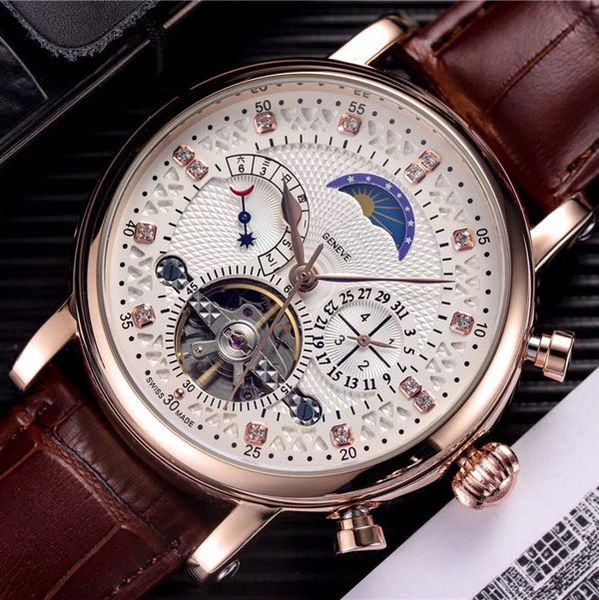 Montre mécanique automatique de luxe pour hommes avec bracelet en cuir, accents de diamants, phase de lune, montre élégante pour la fête des pères