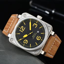 Relojes de pulsera mecánicos automáticos de lujo para hombre, reloj de cuero marrón con campana, relojes de goma negros Ross, reloj de pulsera