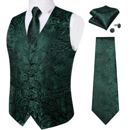 Luxury Men Black Green Vest Business Silk Mans Coldrie Pocket Square Cufflinks Formal Gilet Homme Paisley Wanat pour mariage 240507