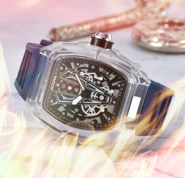 Luxe Hommes Designer Sport Montres 43mm Creux Squelette Cadran Montres Bracelet En Silicone Quartz Hommes Horloge