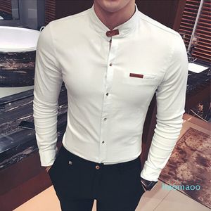 Luxe-mannen mode lente herfstshirts lange mouw solide casual zwart wit slim fit kleding mode kleur kraagloze shirt