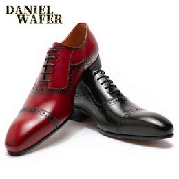 Luxe hommes en cuir véritable chaussures à la main homme bureau robe de mariée chaussures rouge noir Cap orteil à lacets bout pointu Oxford chaussure hommes