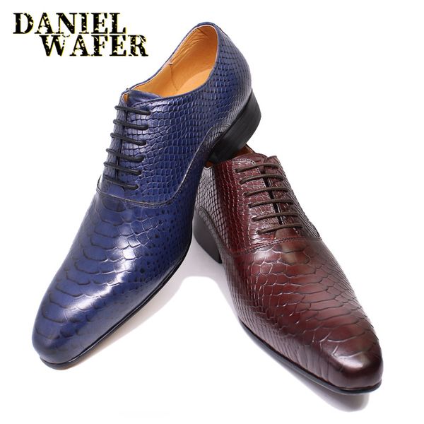 Luxe hommes chaussures en cuir peau de serpent impression robe d'affaires formelle Style classique bordeaux bleu bout pointu à lacets Oxford chaussures hommes