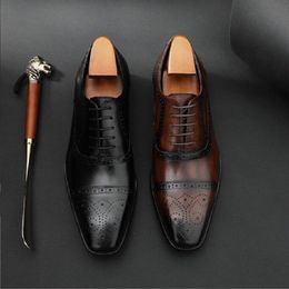 Chaussures Oxford de luxe pour hommes, noir et marron, richelieu à lacets, bout élégant, robe de bureau et de mariage, en cuir véritable, Da70