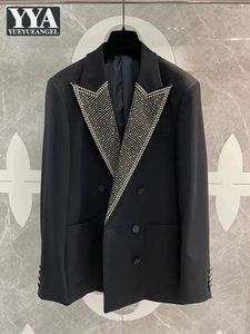 Luxe hommes Rivets perles Blazer costume veste robe de soirée de mariage manteau Double boutonnage haute qualité laine Banquet noir 240318