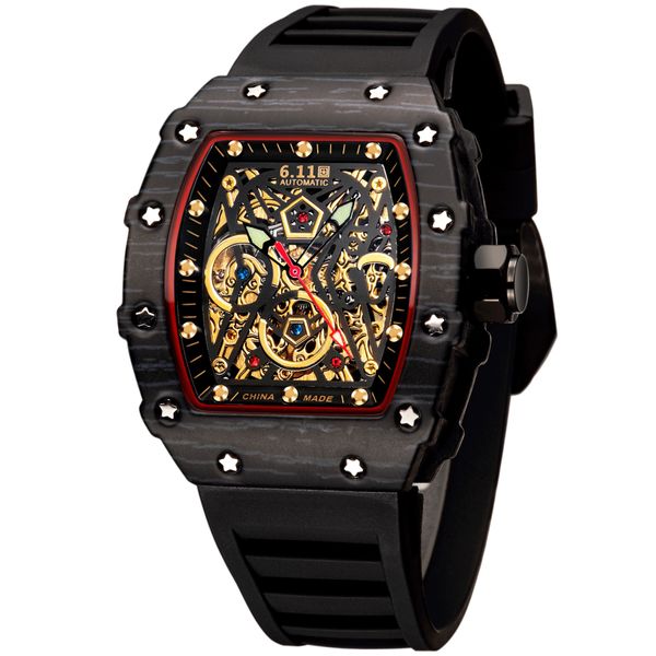 Reloj mecánico automático de lujo para hombres Tonneau Caja de acero inoxidable negro Relojes de pulsera con esqueleto 50-03 Montres de luxe 43MM Relojes de pulsera con correa de caucho