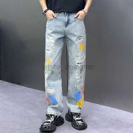 Jeans de luxe pour hommes jeans de créateur homme 2024 lavé et épissé denim pantalon américain à la mode hommes lâche jambe droite pantalon en denim de mode pour hommes