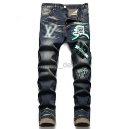 Jeans de luxe pour hommes, jeans de styliste avec trous, broderie tendance, pantalon slim élastique, haut de gamme, polyvalent