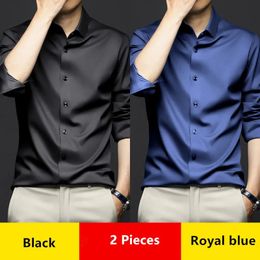 Camisas de vestir sociales para hombres de lujo Primavera Otoño Suave Resistente a las arrugas Sin hierro Color sólido Casual Seda de hielo Mancha Boda 240117