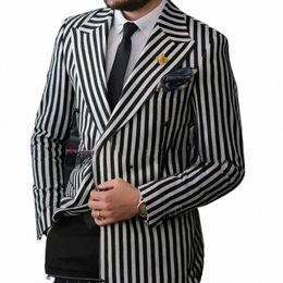 Trajes de lujo para hombres Blazer Negro Raya blanca Doble botonadura Solapa en pico Elegante Chaqueta de 2 piezas Pantalones Slim Fit Ropa de sastre p29x #