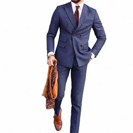 Costumes de luxe pour hommes à double boutonnage à revers à fines rayures 2 pièces veste pantalon tenue de mariage formelle élégant marié ensemble complet blazer O10r #