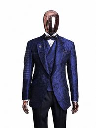 Costumes de luxe pour hommes sur mesure 3 pièces Jacquard Blazer Gilet Pantalon noir Un bout à revers Formel Plus Taille Hôte sur mesure g30W #