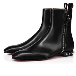 Luxe Heren Dames Enkellaarsjes Originals Troopi Flat Boot Italië Populair Zwart Leer Rits Spikes Booty Designer Drive Motor Enkels Korte laarsjes Box EU 35-47