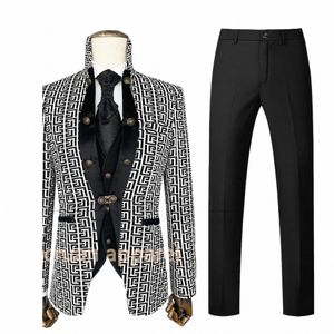 Luxe Mannen Pak Sets Bruiloft Stalknecht Maatwerk Jacquard Slim Fit Outfits Avond Diner Formele Blazer Vest Broek 3 Stuks K4Ar #