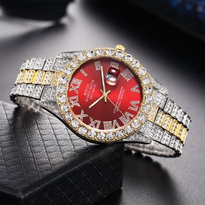 Montres de luxe pour hommes, bracelet classique entièrement en diamant, chiffres romains, horloge de mode, calendrier en acier inoxydable, montre à Quartz pour cadeaux
