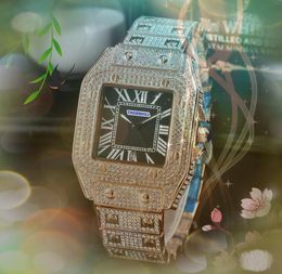 Relojes de lujo para hombres y mujeres, pareja, batería de cuarzo, reloj con esfera de tanque romano súper cuadrado, Iced Out Hip Hop Bling Diamonds, caja de anillo, oro rosa, plata, reloj orologio di lusso