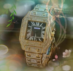 Luxe hommes femmes couple montres quartz batterie super carré réservoir romain cadran horloge glacé Hip Hop Bling diamants bague boîtier or rose argent automatique Date montre cadeaux