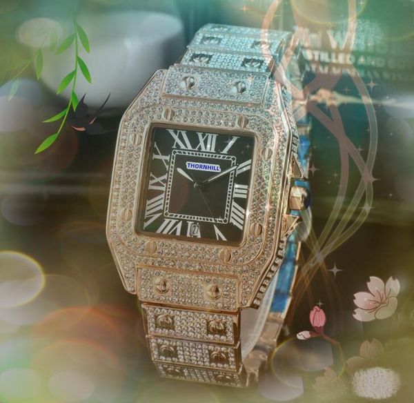 Luxe hommes femmes couple montres quartz batterie super carré réservoir romain cadran horloge glacé Hip Hop Bling diamants bague boîtier or rose argent montre orologio di lusso