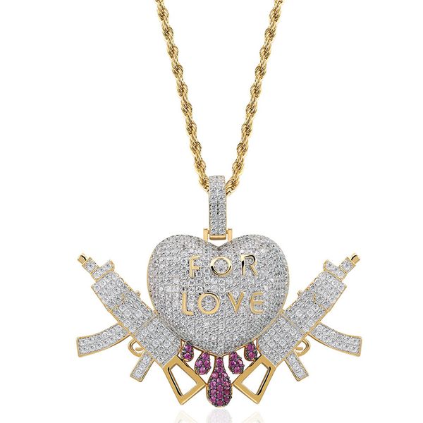 Hombres Mujeres Hip Hop Joyería de Alta Calidad Chapado en Oro Brillante CZ PARA EL AMOR Corazón Armas Colgante Collar para Hombres Mujeres Bonito Regalo