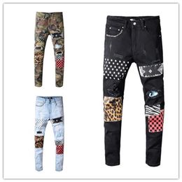 jeans de marque pour hommes de luxe camouflage déchiré jeans skinny pantalons léopard patchwork designer jeans rivet moto jeans taille us e9002c