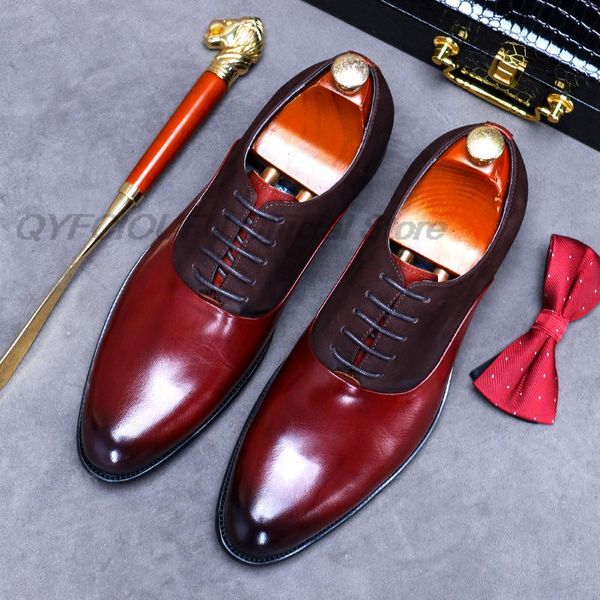 Zapatos de vestir de lujo para hombre, cuero genuino, ante, empalme, Borgoña, negro, con cordones, para hombre, Oxfords, boda, fiesta, informal, calzado de negocios