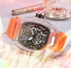 Luxe Hommes Creux Transparent Squelette Montres 43mm Haute Qualité Sports Dweller Caoutchouc Silicone Ceinture Quartz Montres-bracelets cadeau de Noël préféré