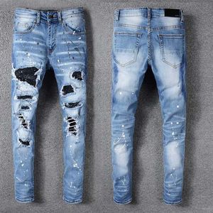 Luxe Heren Jeans Strass Kristal Patchwork Lichtblauw Gescheurde Jeans Skinny Stretch Denim Broek Hiphop Men279e