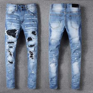Jeans de luxe pour hommes strass cristal Patchwork bleu clair déchiré jean slim Stretch Denim pantalon Hip Hop Men2259