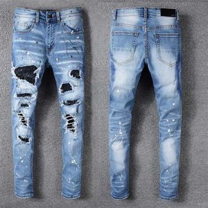 Luxe Heren Jeans Strass Kristal Patchwork Lichtblauw Gescheurde Jeans Skinny Stretch Denim Broek Hip Hop Men272W