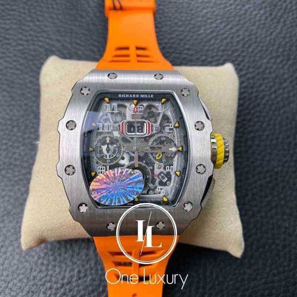 Montre mécanique de luxe pour homme Original 011 Rm11-03 Chronographe Flyback Boîtier en titane sur bracelet en caoutchouc orange Mouvement suisse Montres-bracelets LBZY