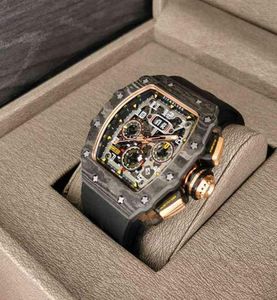 Mécanique des hommes de luxe Regardez Richa Carbon Brated Watch Men039s Même domineur en forme de baril multifonctionnel en forme de baril Hollowe3671585