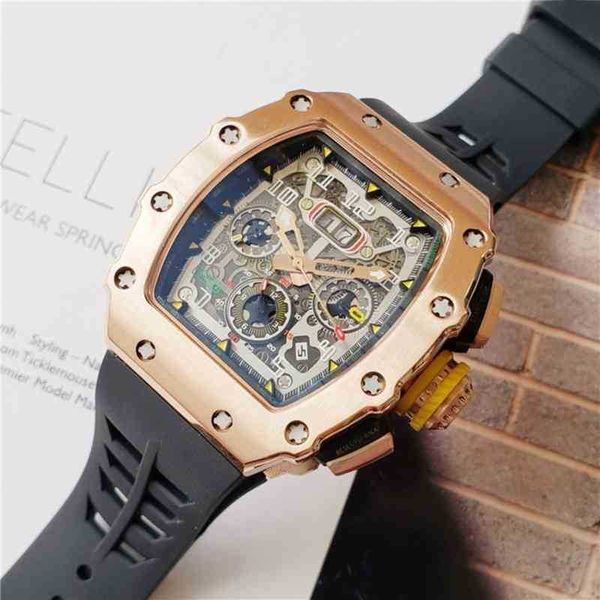 Reloj mecánico para hombre de lujo Richa Relojes para hombre Relojes mecánicos automáticos de alta calidad Negro Gris Correa de caucho roja Reloj de pulsera de oro rosa para hombre