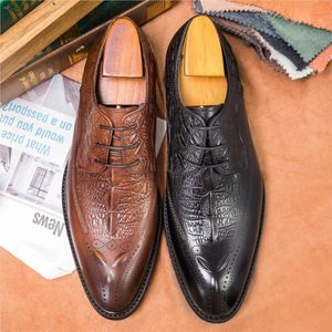 Luxe hommes oxford chaussures habillées en cuir véritable motif Crocodile hommes chaussures à la main à lacets noir formel costume de mariage chaussures