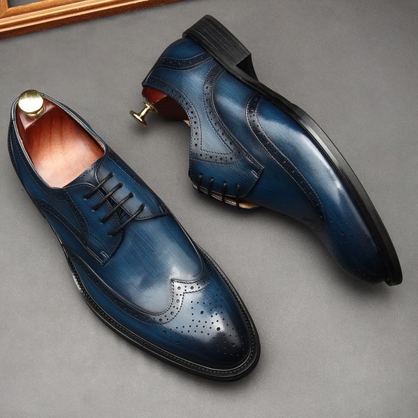 Zapatos oxford de cuero genuino de lujo para hombre, zapatos clásicos negros y azules, vestido con cordones Brogue, zapatos formales para hombres de negocios de oficina de boda