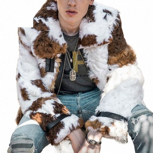 Luxury Mens Runway Natural Sheep Shearling Abrigo de piel real Gótico Impreso Hip Hop Lana peluda Chaqueta de aviador High Street Abrigo 43TZ #