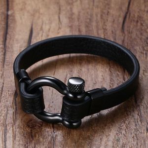 Luxury-heren roestvrijstalen schroefpaal Ancla ketenen lederen armband in zwarte nautische zeeman surfer bangle polsband mannelijke sieraden y1 258w