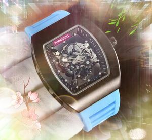Luxe Heren Drie Stiches Horloges 43mm Hoge Kwaliteit Quartz Uurwerk Klok Holle Transparante Skelet Wijzerplaat Rubberen Band Sport montre luxe horloges