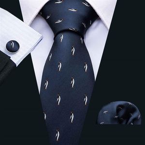 Corbata de lujo para hombre Corbata azul oscuro con lindo pingüino Conjunto de patrón pequeño Pañuelo y puños Todo el negocio Boda Shipp311o