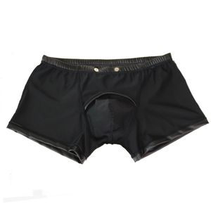 Luxury Mens Underwear Sexy Men Boxers Open Crotch Faux Leather Stage U Convex Pouche gay Wear Fetish Erotic Lingerie Underpants Briefes Tiroirs Kecks Thong Lo6y