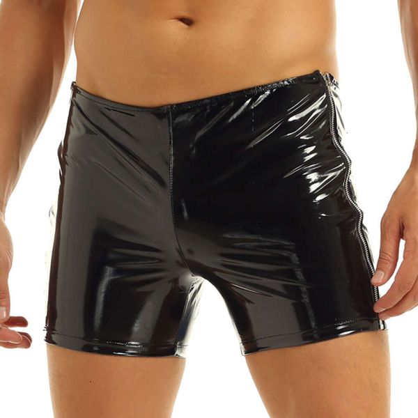 Sous-vêtements pour hommes de luxe sous-vêtements sexy aspect humide pvc zipper skinny running sports pantals court compression shorts en cuir puste up briefs tiroirs kecks string 14xl